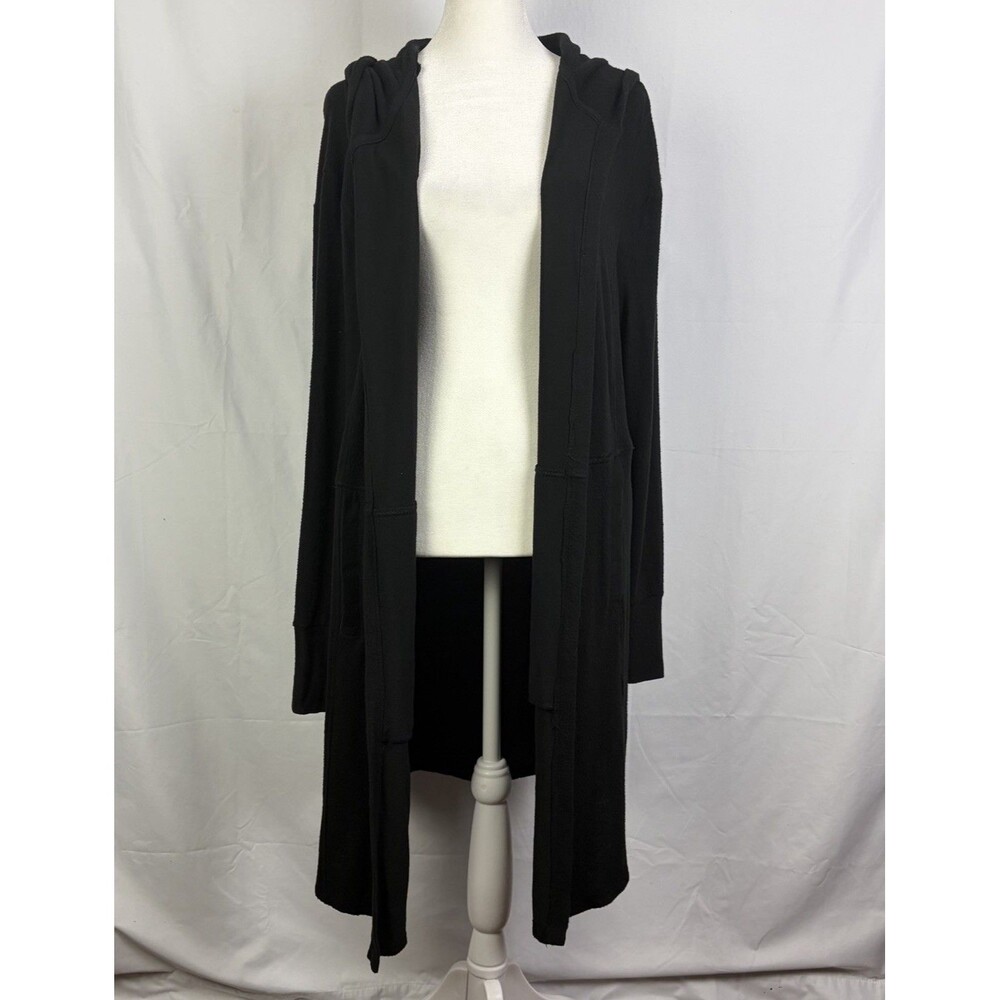 Mono B Sz Large black Hooded Cardigan Long Line pockets Stretch Soft EUC